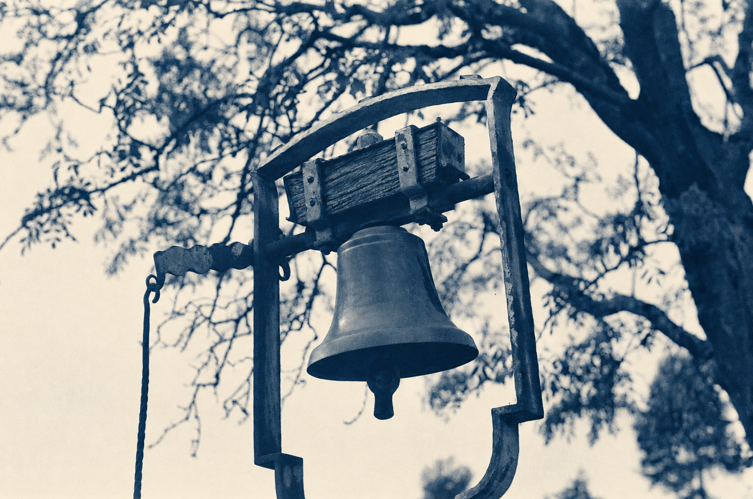 A bell among trees in Greg’s grainy film photograph, tinted indigo and cream.